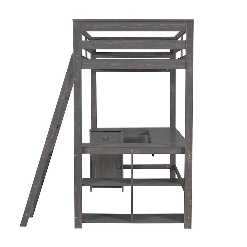 Lit mezzanine une place avec bureau en U, tiroirs et étagères de rangement
