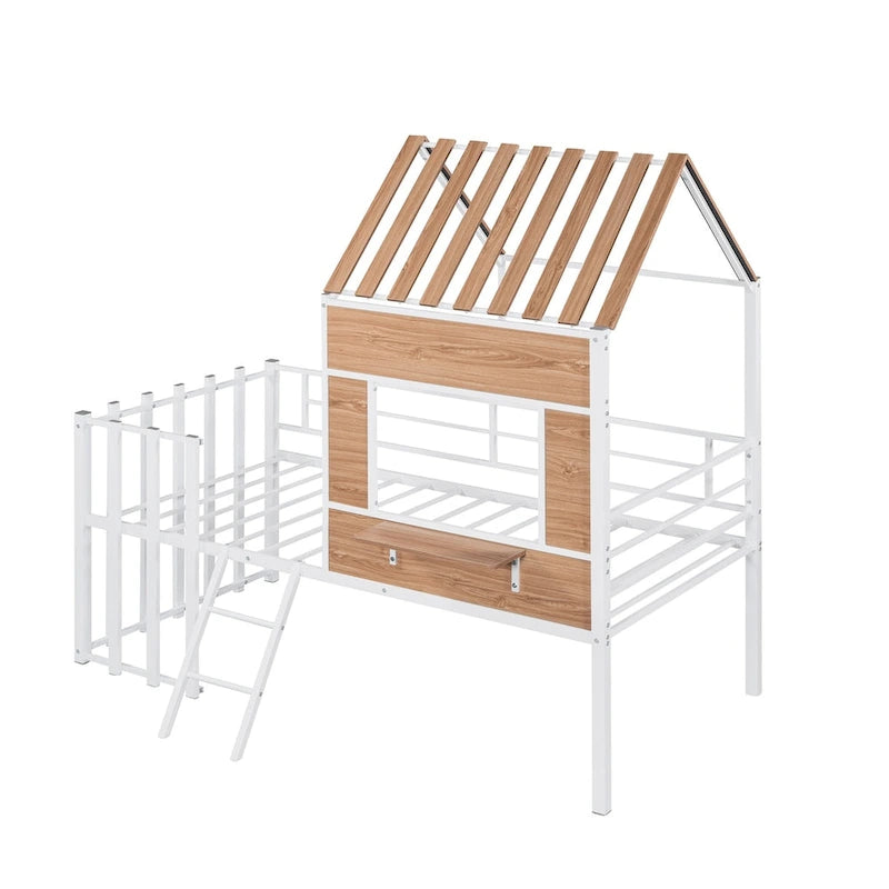 Metal Loft Bed with Roof, Window, Guardrail and Ladder