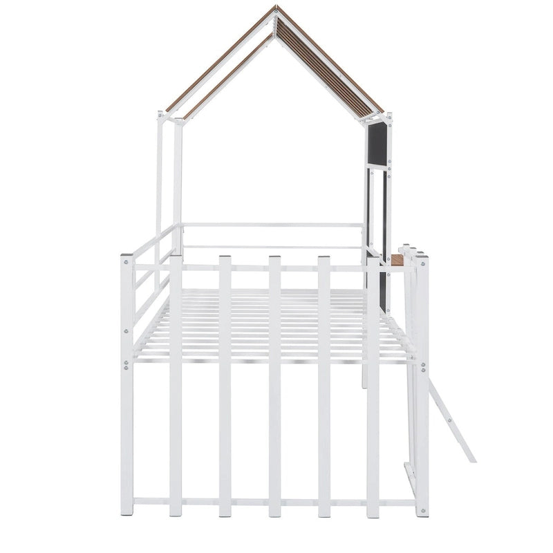 Metal Loft Bed with Roof, Window, Guardrail and Ladder