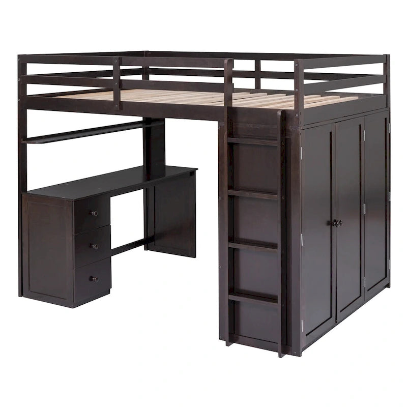 Lit mezzanine complet avec tiroirs, bureau, armoire et barrières de sécurité