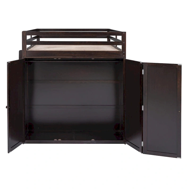 Lit mezzanine complet avec tiroirs, bureau, armoire et barrières de sécurité