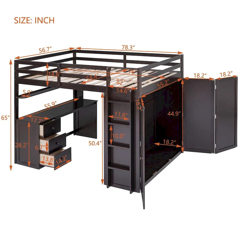 Lit mezzanine complet avec tiroirs, bureau, armoire et barrières de sécurité