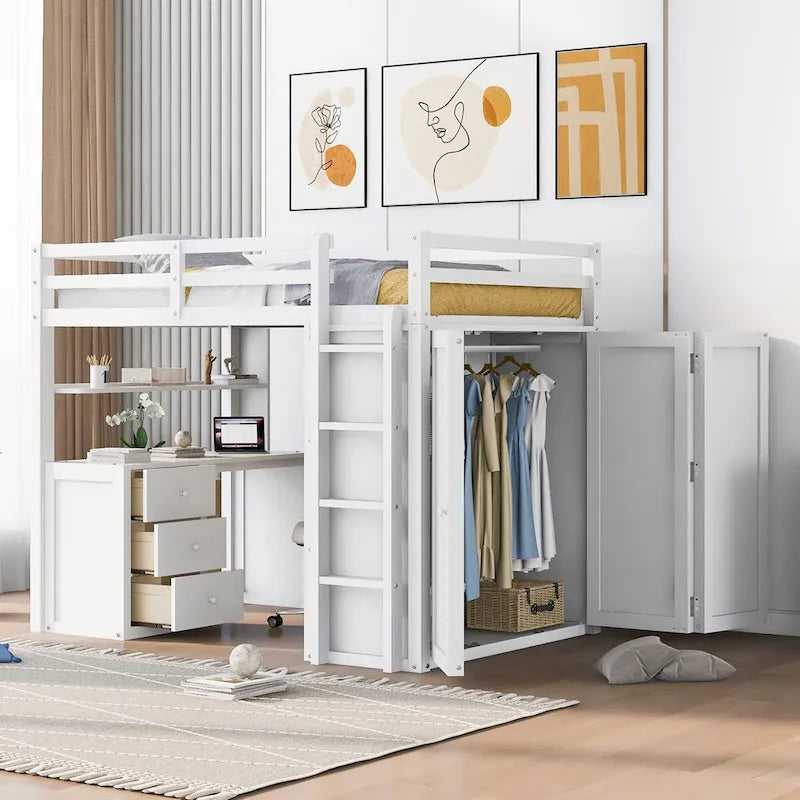Lit mezzanine complet avec tiroirs, bureau, armoire et barrières de sécurité
