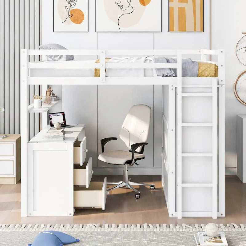 Lit mezzanine complet avec tiroirs, bureau, armoire et barrières de sécurité