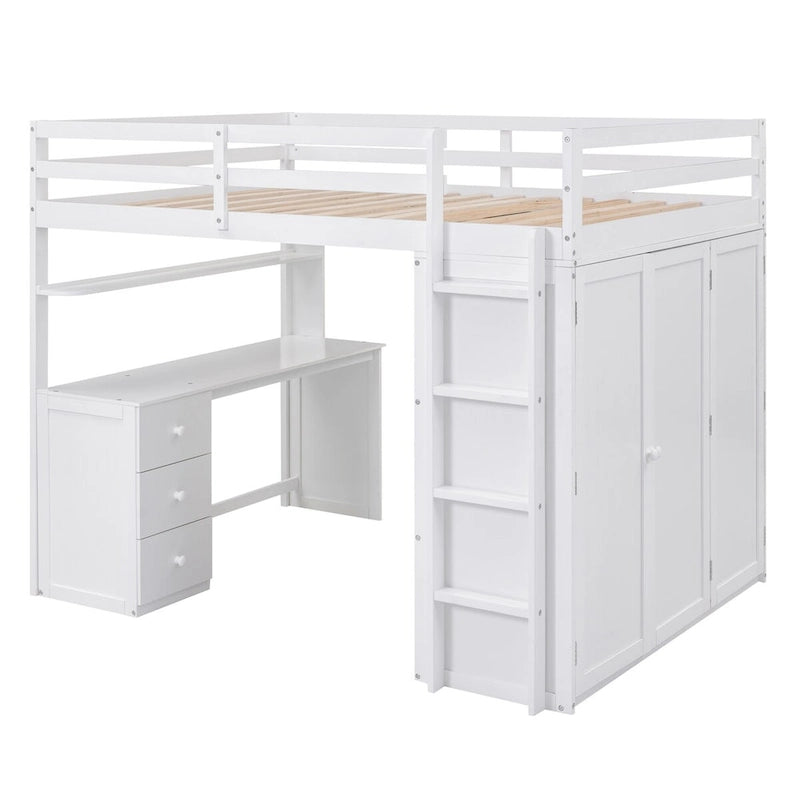Lit mezzanine complet avec tiroirs, bureau, armoire et barrières de sécurité