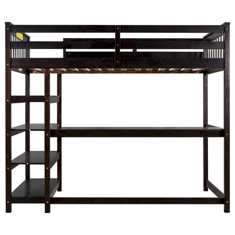 Lit mezzanine double espresso en bois massif avec bureau intégré, étagères de rangement et garde-corps stables