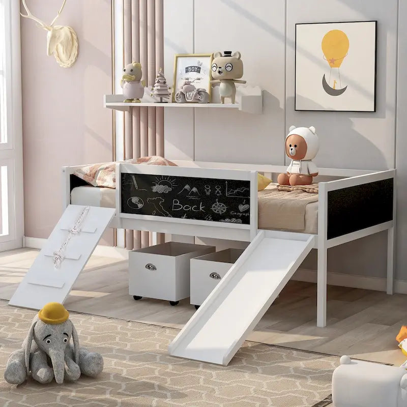 Lit mezzanine en bois avec cadre d'escalade, corde et 2 boîtes de rangement