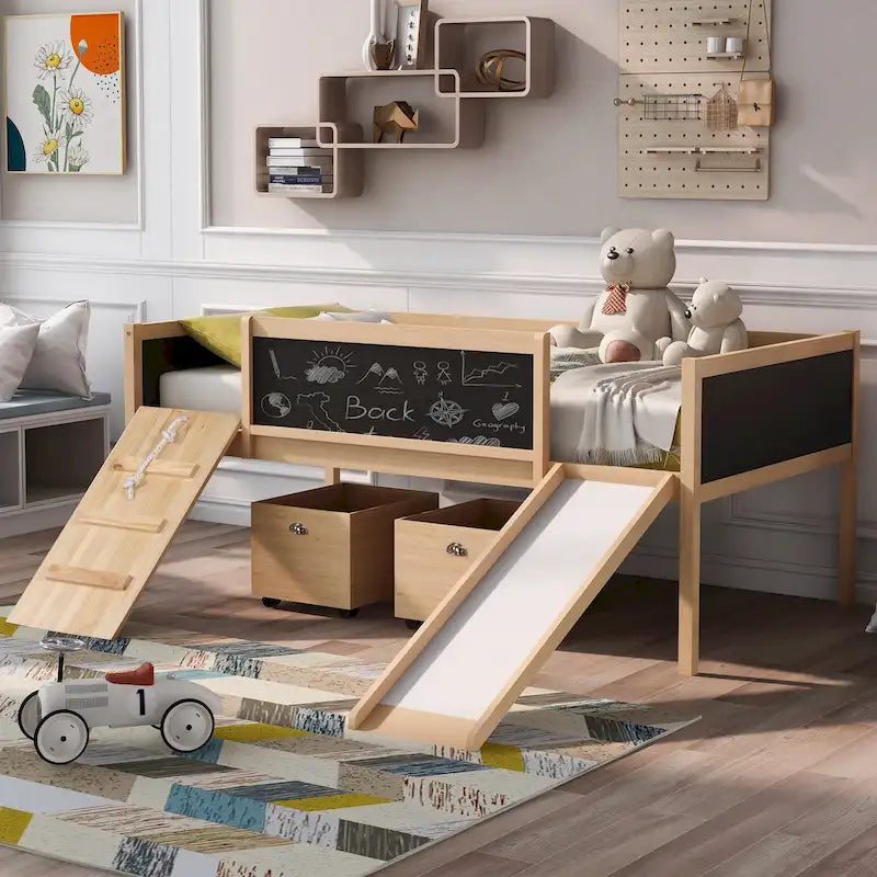 Lit mezzanine en bois avec cadre d'escalade, corde et 2 boîtes de rangement