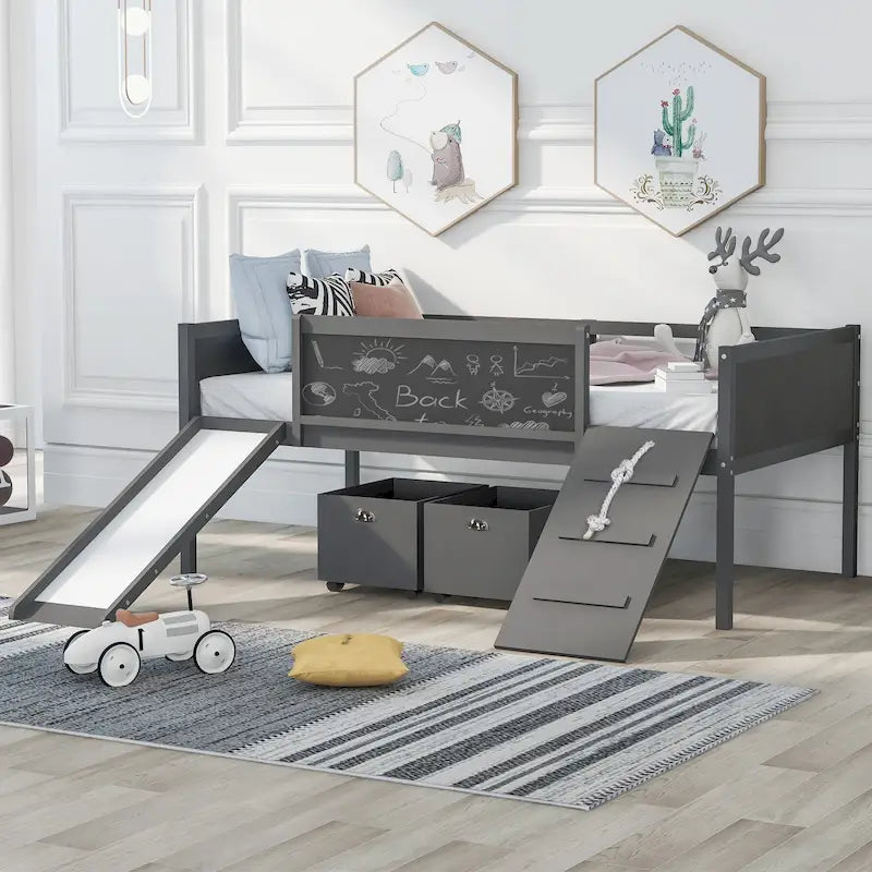 Lit mezzanine en bois avec cadre d'escalade, corde et 2 boîtes de rangement