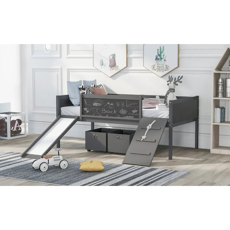 Lit mezzanine en bois avec cadre d'escalade, corde et 2 boîtes de rangement