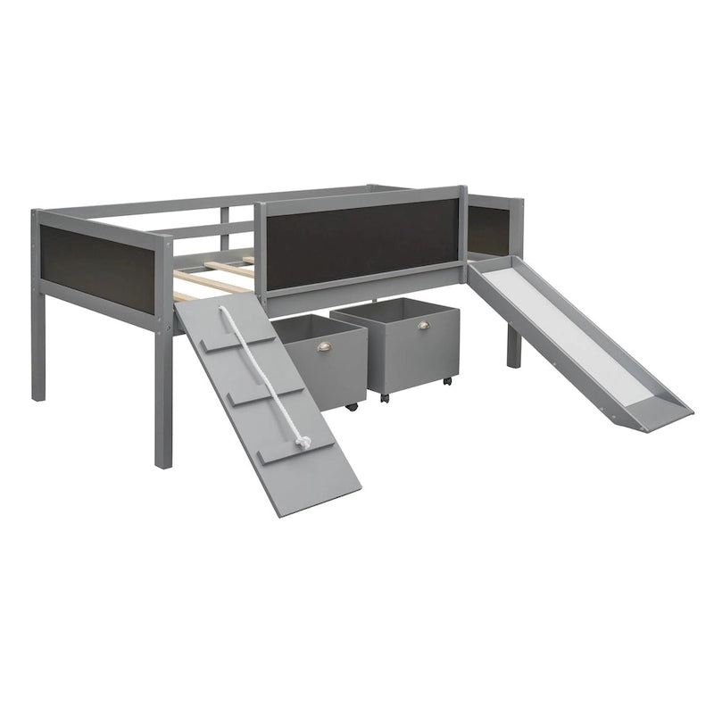 Lit mezzanine en bois avec cadre d'escalade, corde et 2 boîtes de rangement