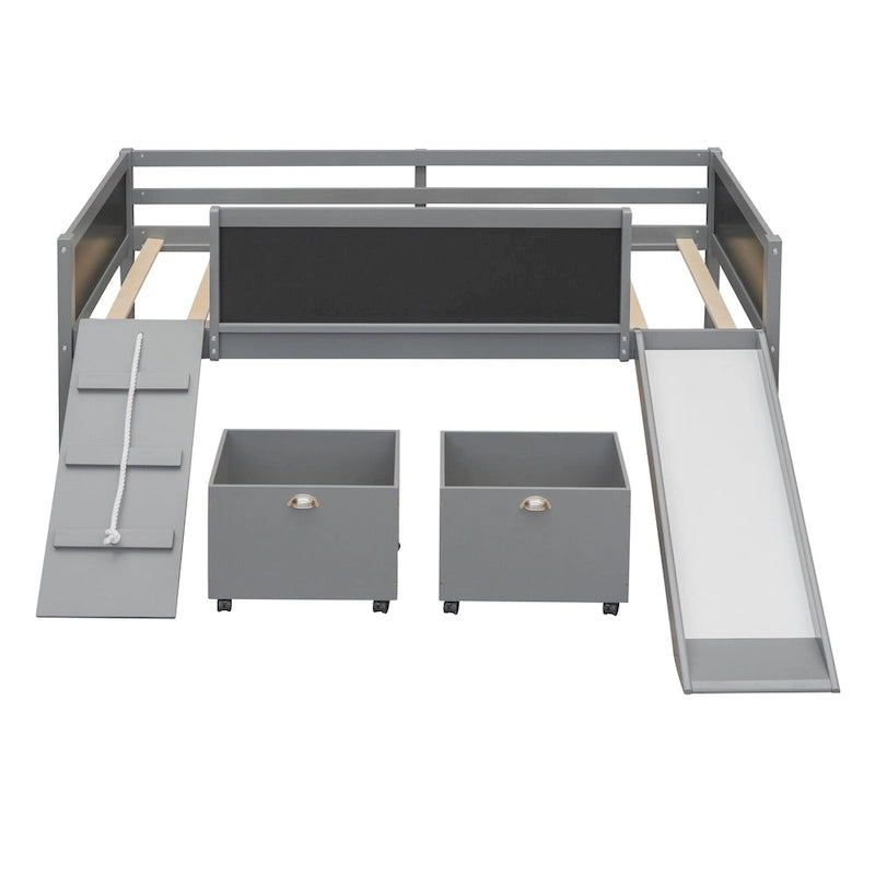 Lit mezzanine en bois avec cadre d'escalade, corde et 2 boîtes de rangement