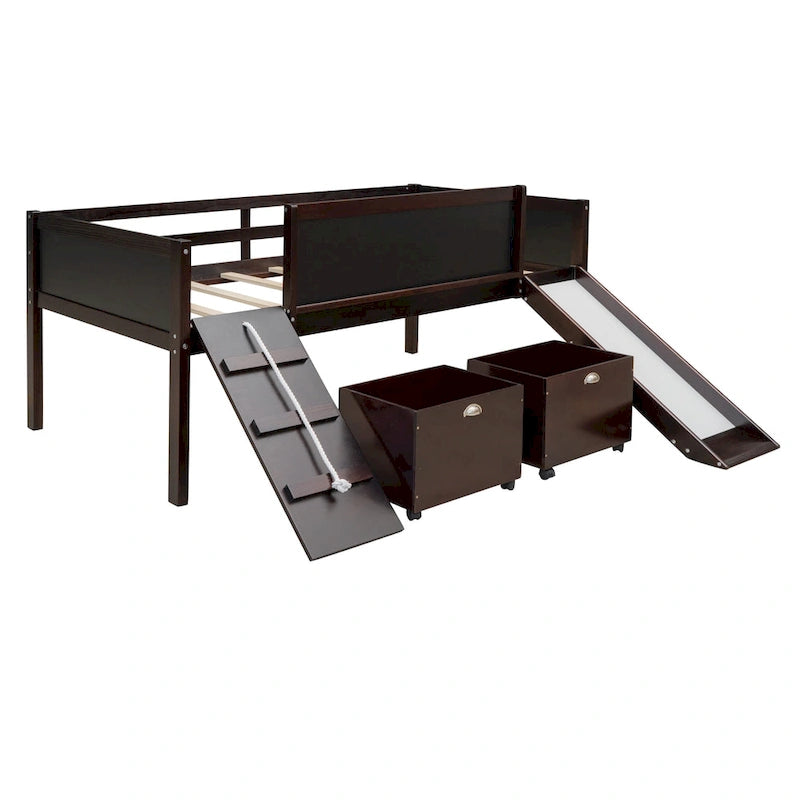 Lit mezzanine en bois avec cadre d'escalade, corde et 2 boîtes de rangement