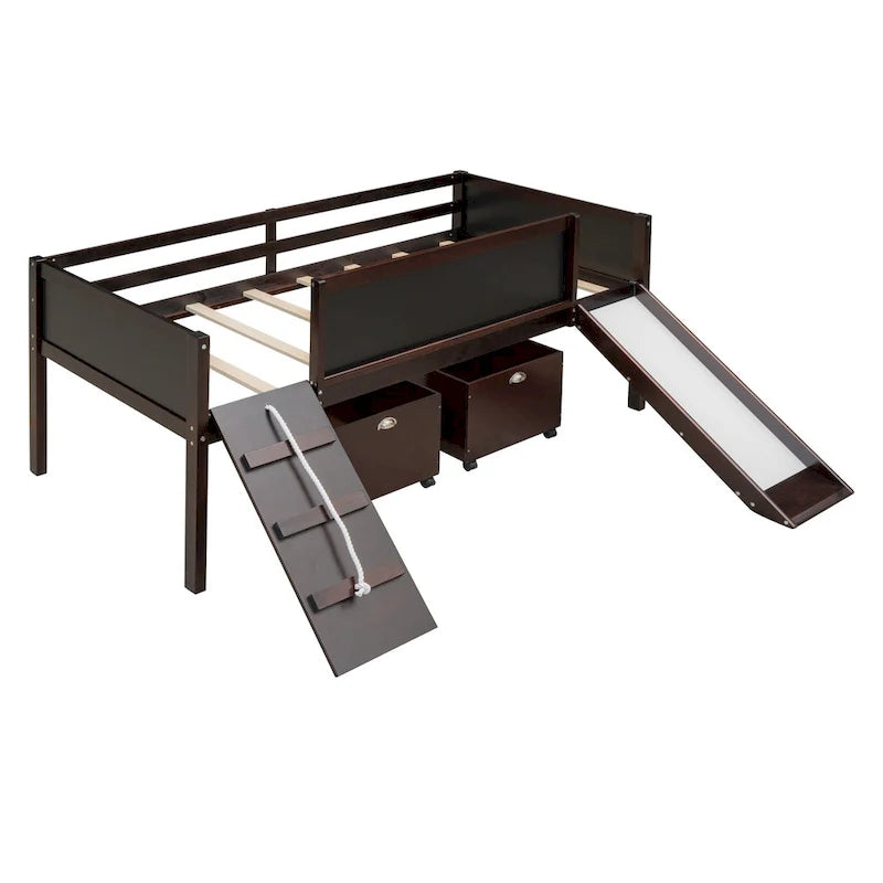 Lit mezzanine en bois avec cadre d'escalade, corde et 2 boîtes de rangement