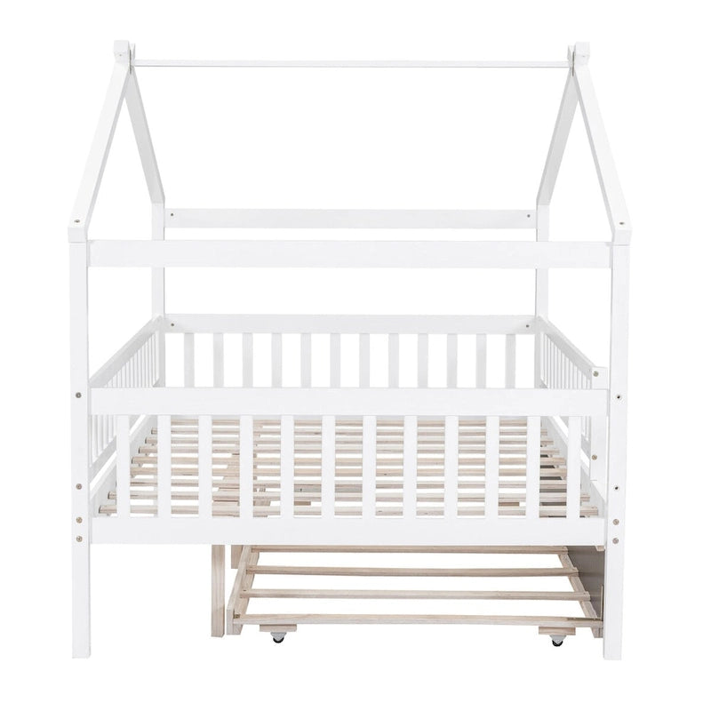 Full Pine House Bed with Twin Trundle and Guardrail