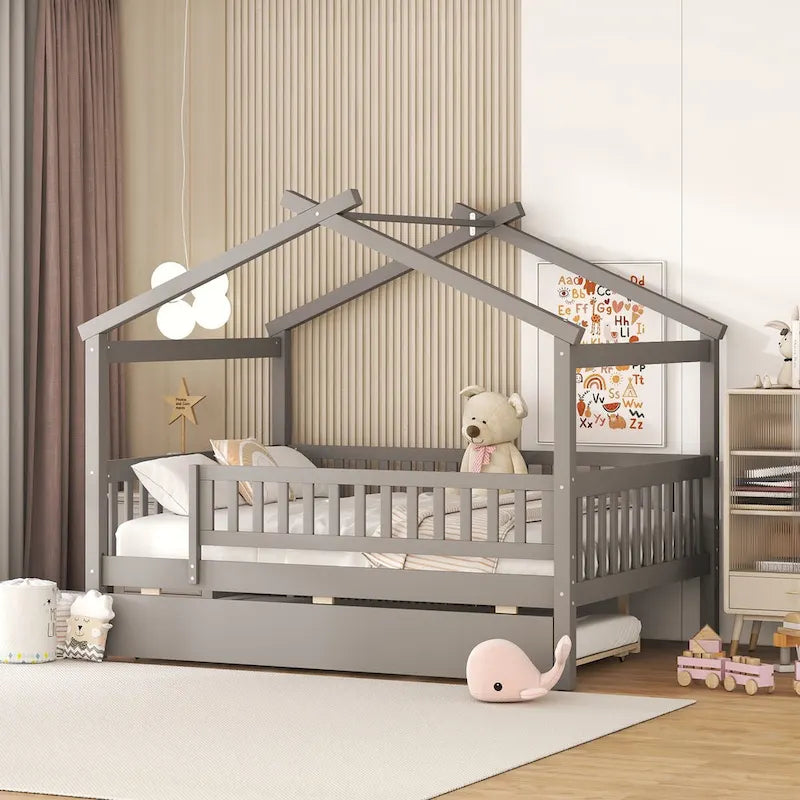Full Pine House Bed with Twin Trundle and Guardrail