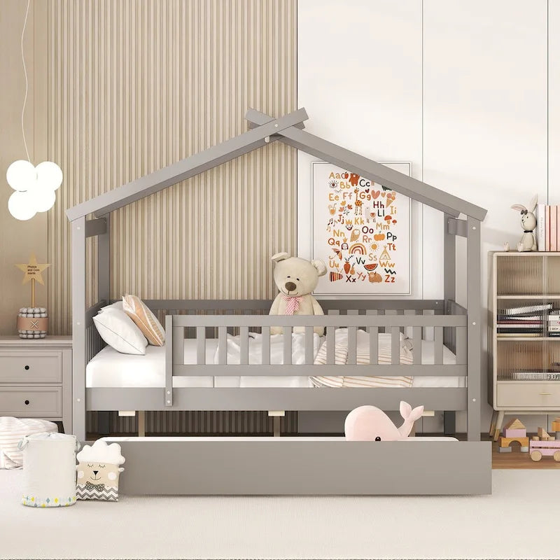 Full Pine House Bed with Twin Trundle and Guardrail