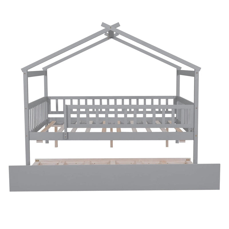 Full Pine House Bed with Twin Trundle and Guardrail