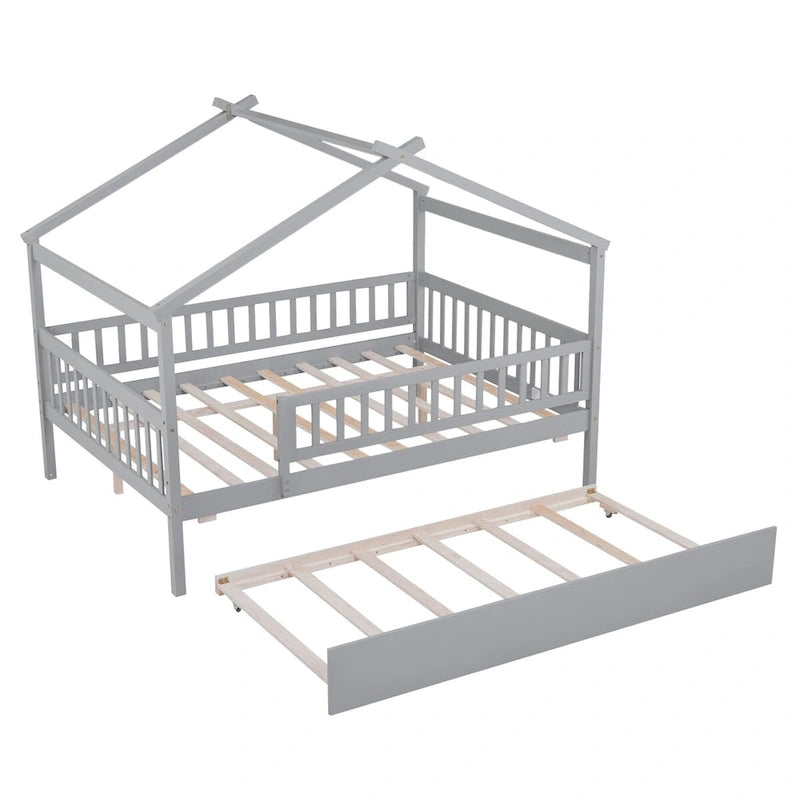 Full Pine House Bed with Twin Trundle and Guardrail
