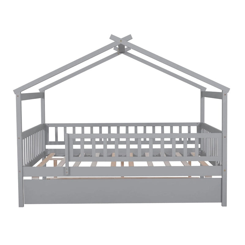 Full Pine House Bed with Twin Trundle and Guardrail
