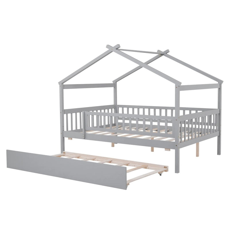 Full Pine House Bed with Twin Trundle and Guardrail