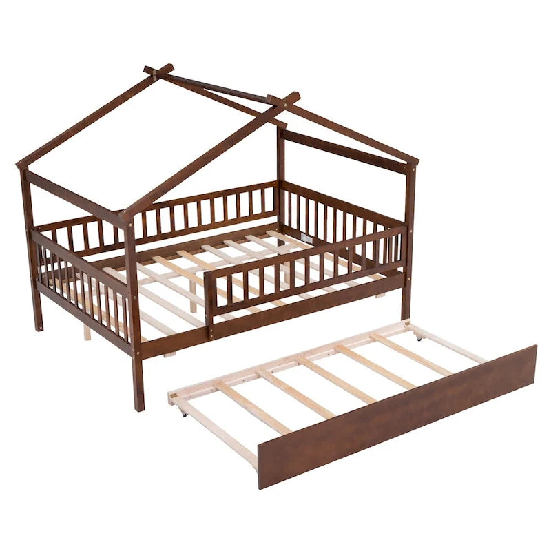 Full Pine House Bed with Twin Trundle and Guardrail