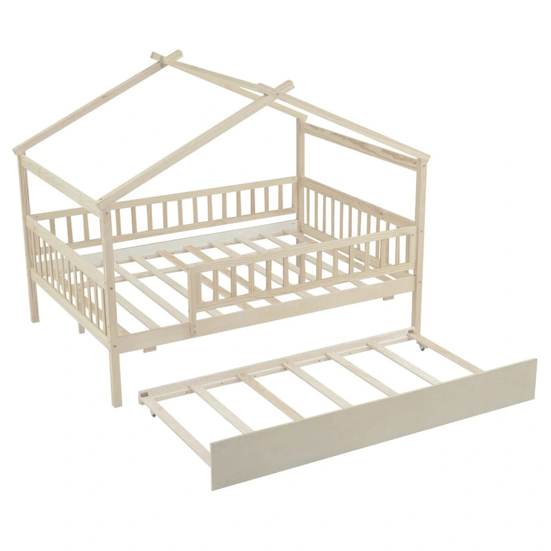 Full Pine House Bed with Twin Trundle and Guardrail
