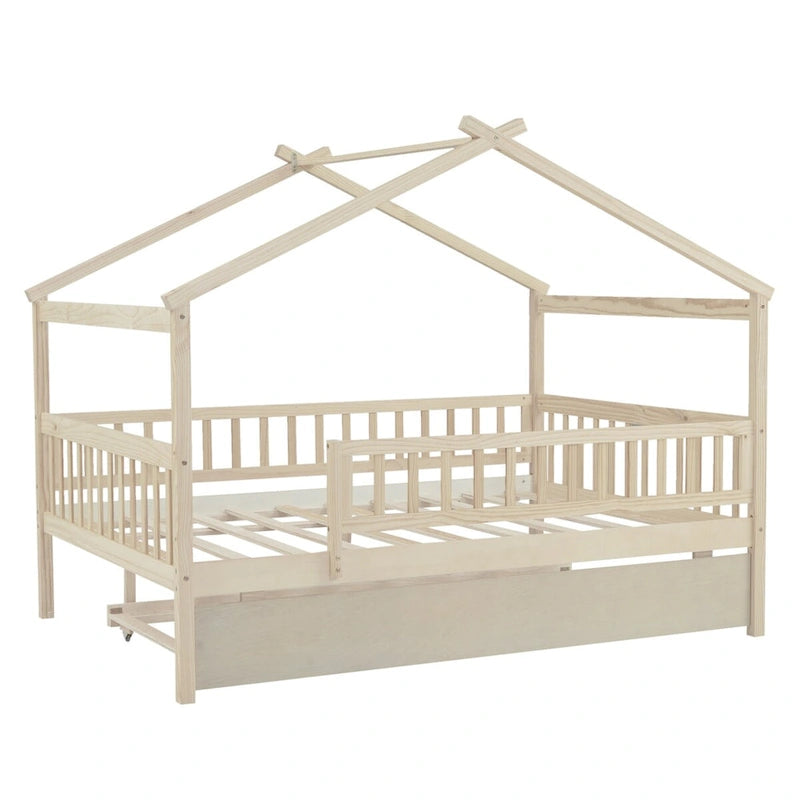 Full Pine House Bed with Twin Trundle and Guardrail