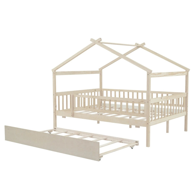 Full Pine House Bed with Twin Trundle and Guardrail