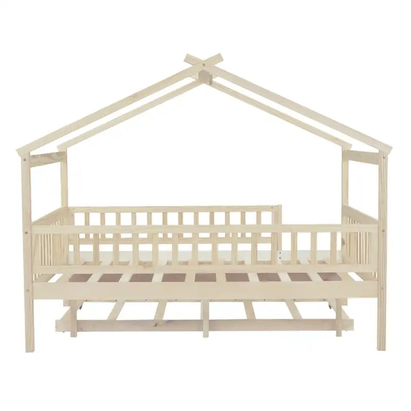 Full Pine House Bed with Twin Trundle and Guardrail