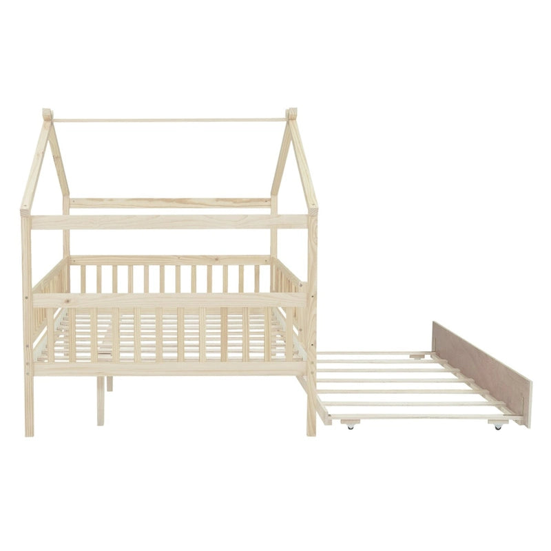 Full Pine House Bed with Twin Trundle and Guardrail