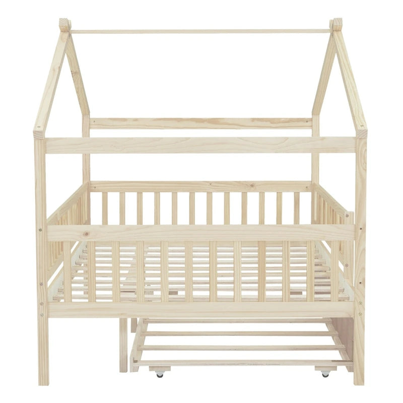 Full Pine House Bed with Twin Trundle and Guardrail
