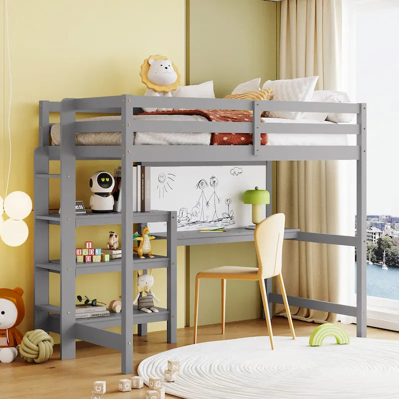 Wooden Loft Bed with Shelves, Desk and Writing Board