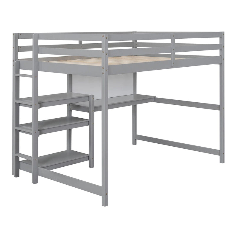 Wooden Loft Bed with Shelves, Desk and Writing Board