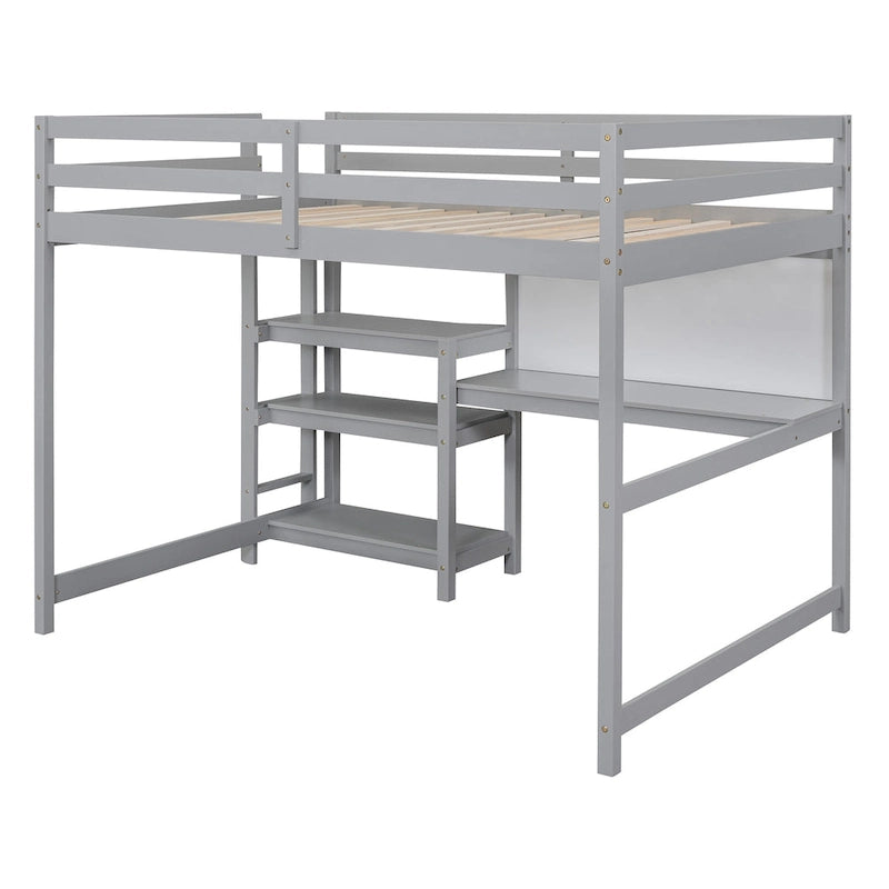 Wooden Loft Bed with Shelves, Desk and Writing Board