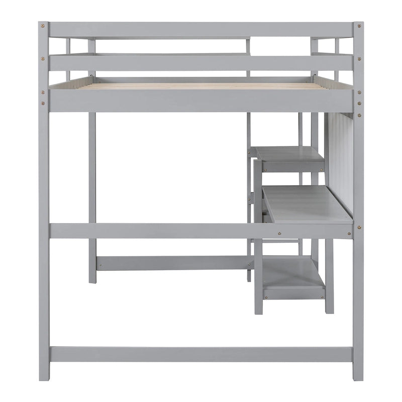 Wooden Loft Bed with Shelves, Desk and Writing Board