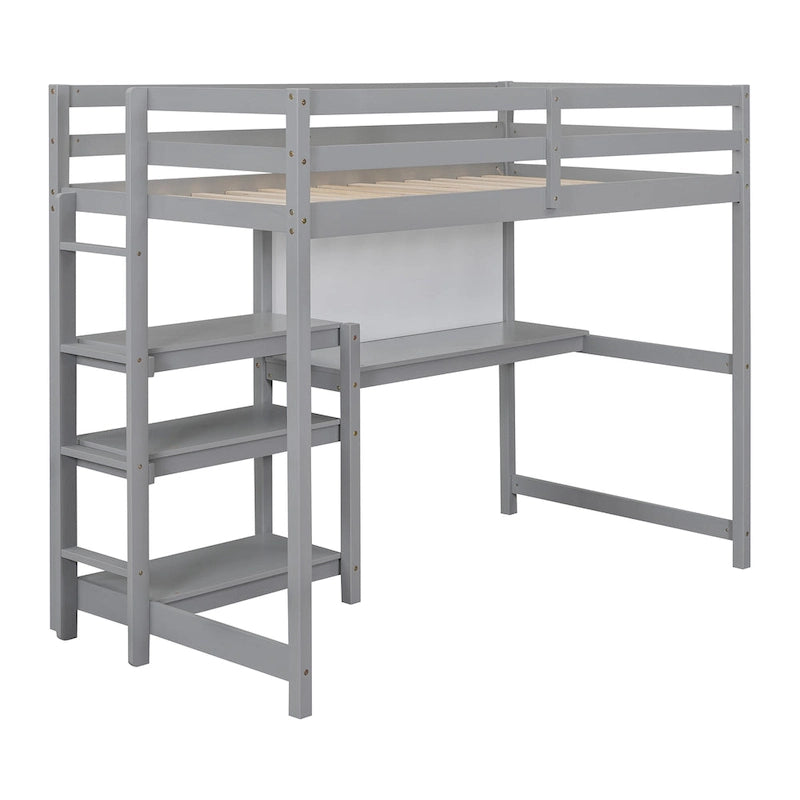 Wooden Loft Bed with Shelves, Desk and Writing Board