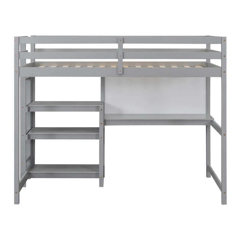 Wooden Loft Bed with Shelves, Desk and Writing Board