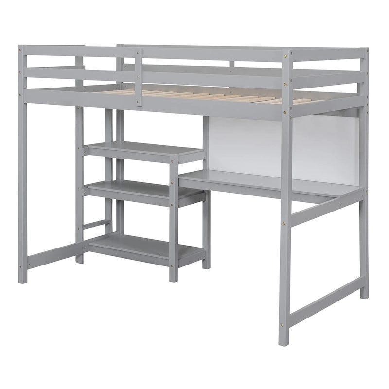 Wooden Loft Bed with Shelves, Desk and Writing Board