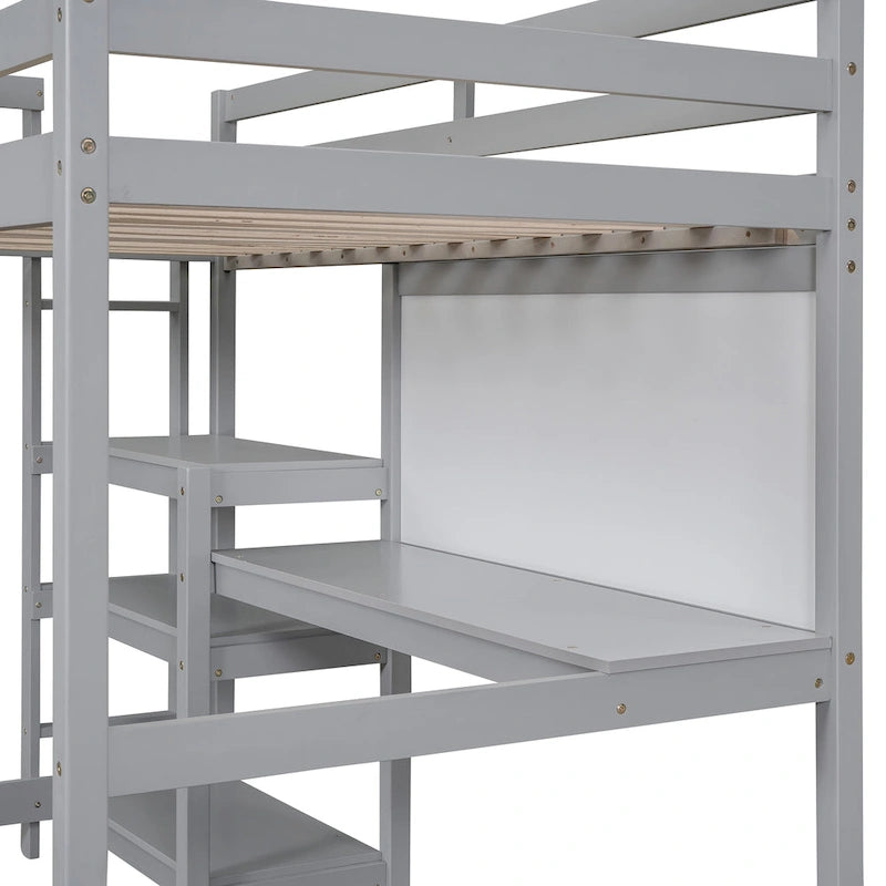 Wooden Loft Bed with Shelves, Desk and Writing Board