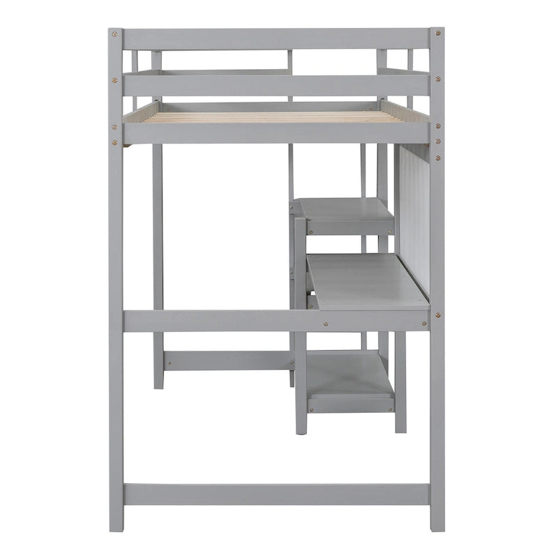 Wooden Loft Bed with Shelves, Desk and Writing Board