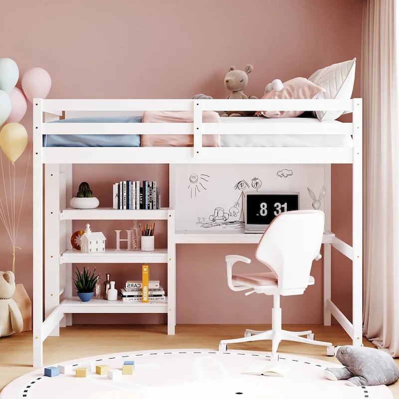 Wooden Loft Bed with Shelves, Desk and Writing Board