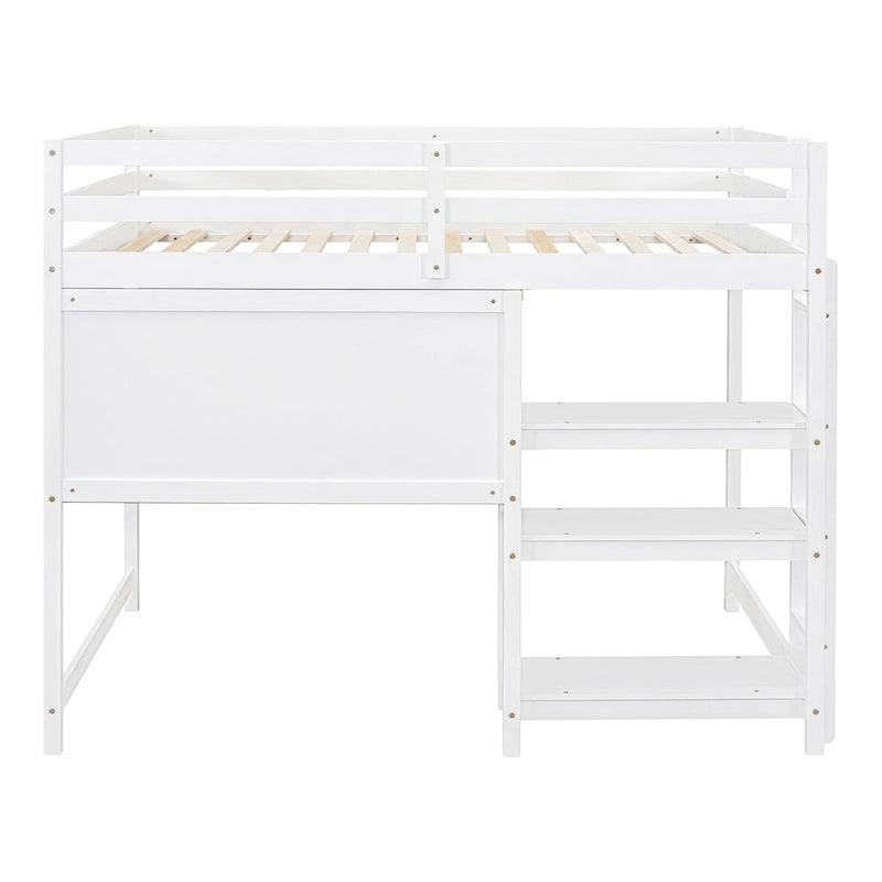 Wooden Loft Bed with Shelves, Desk and Writing Board