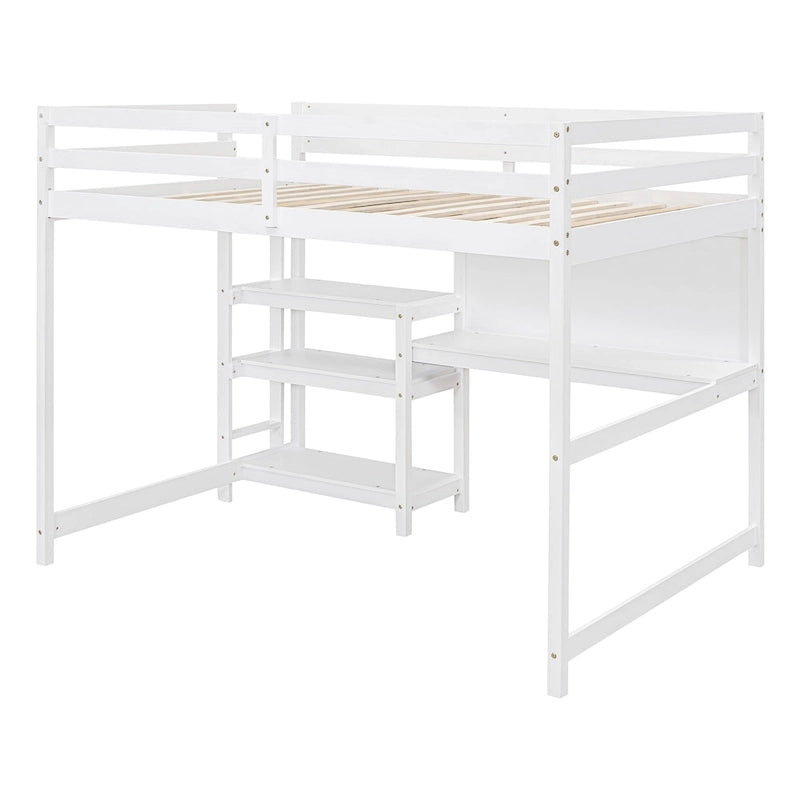 Wooden Loft Bed with Shelves, Desk and Writing Board