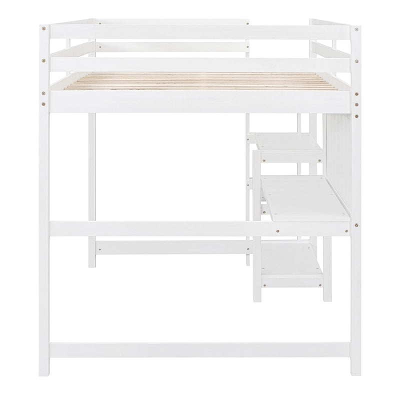 Wooden Loft Bed with Shelves, Desk and Writing Board