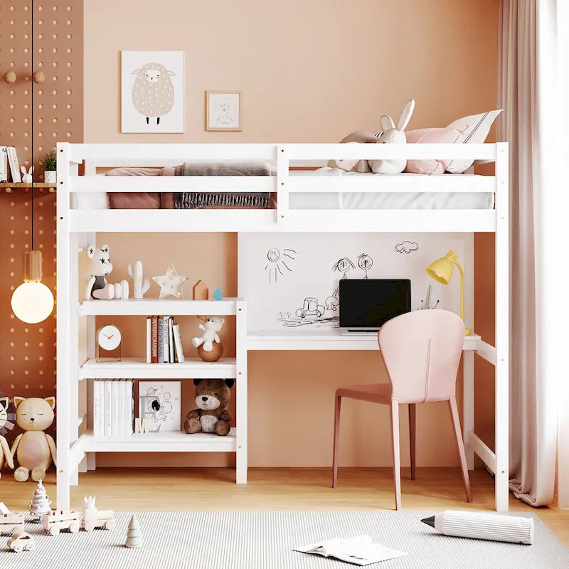 Wooden Loft Bed with Shelves, Desk and Writing Board
