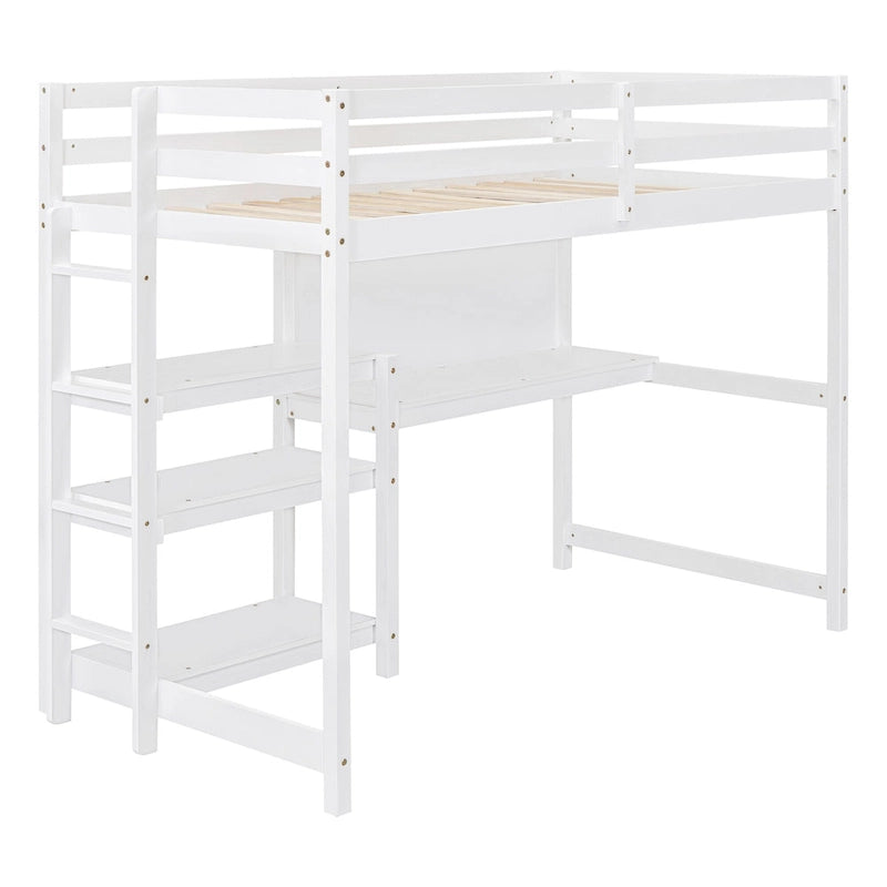Wooden Loft Bed with Shelves, Desk and Writing Board