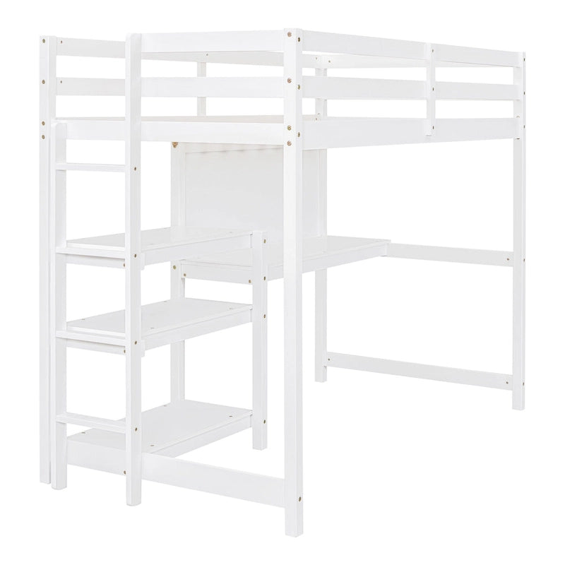 Wooden Loft Bed with Shelves, Desk and Writing Board