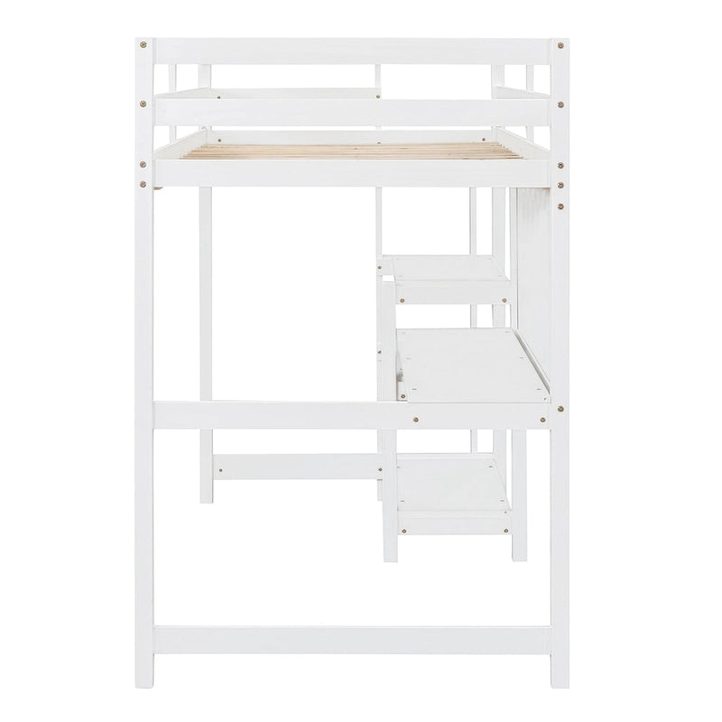 Wooden Loft Bed with Shelves, Desk and Writing Board