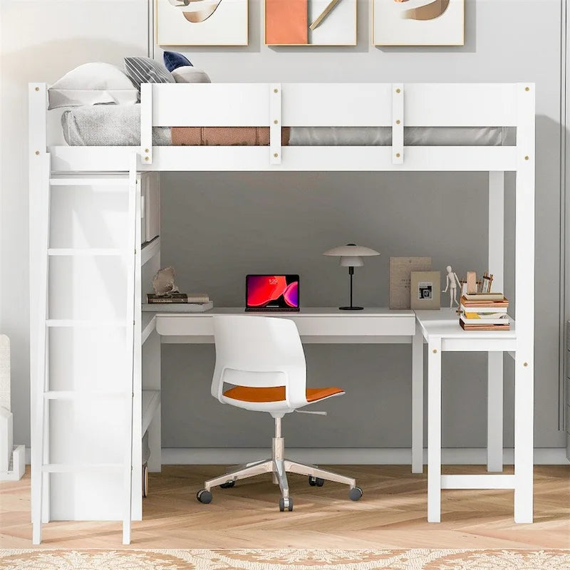 Full Size Wood Loft Bed with Desk, Shelf and Guardrail